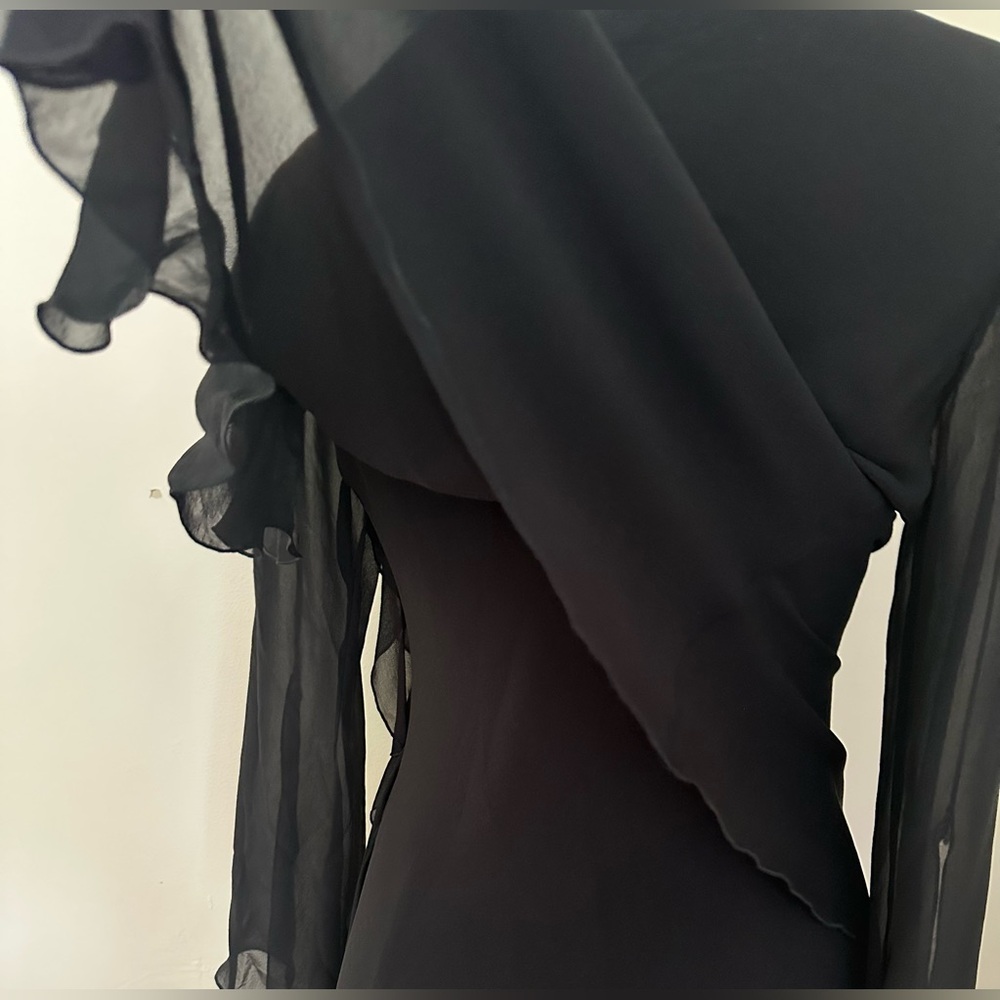VINTAGE SILK Black, Sheer Ruffled, Asymmetrical Evening Dress Sz M - Picture 13 of 16